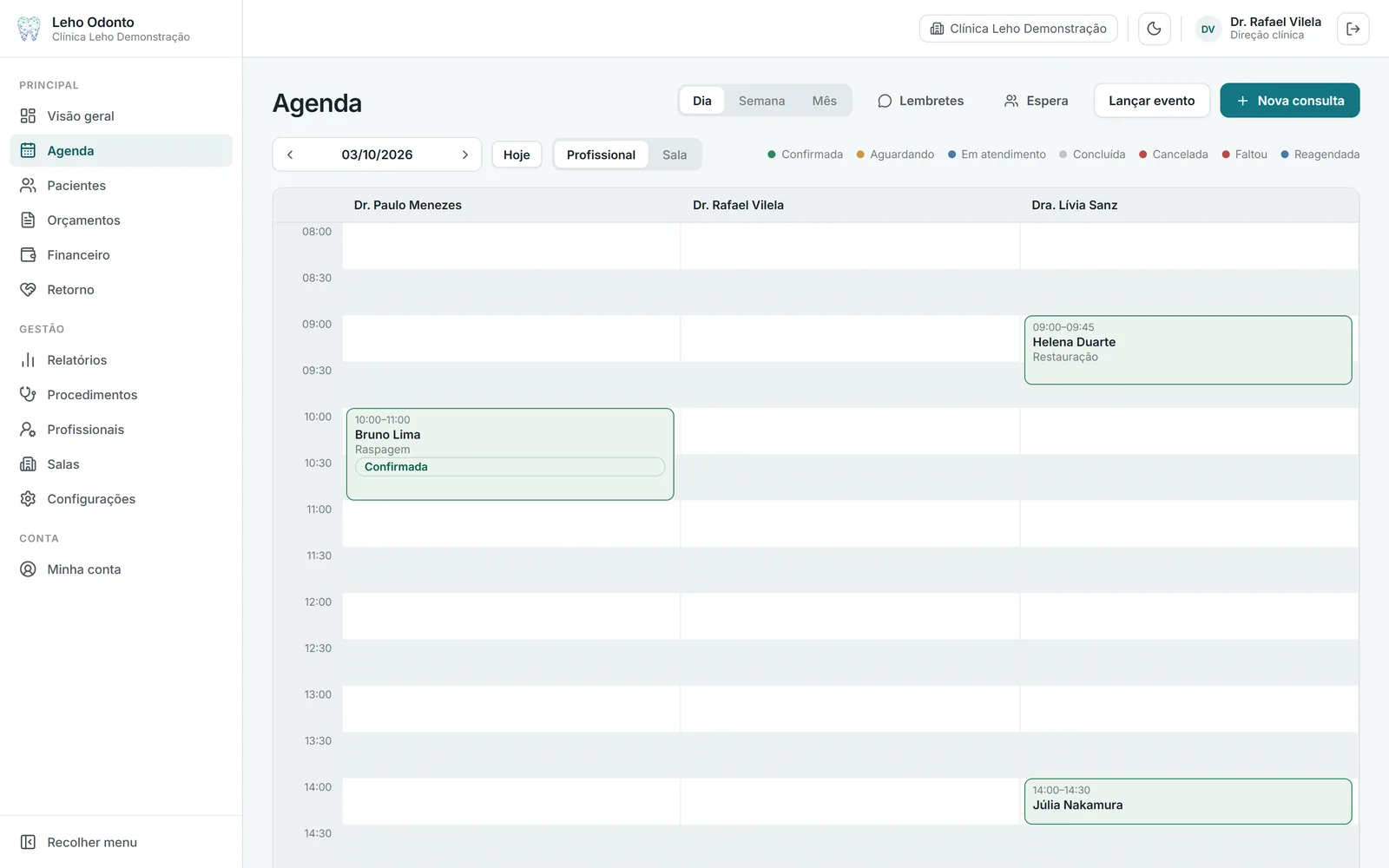 Tela da agenda do Leho Odonto com as consultas do dia organizadas por profissional