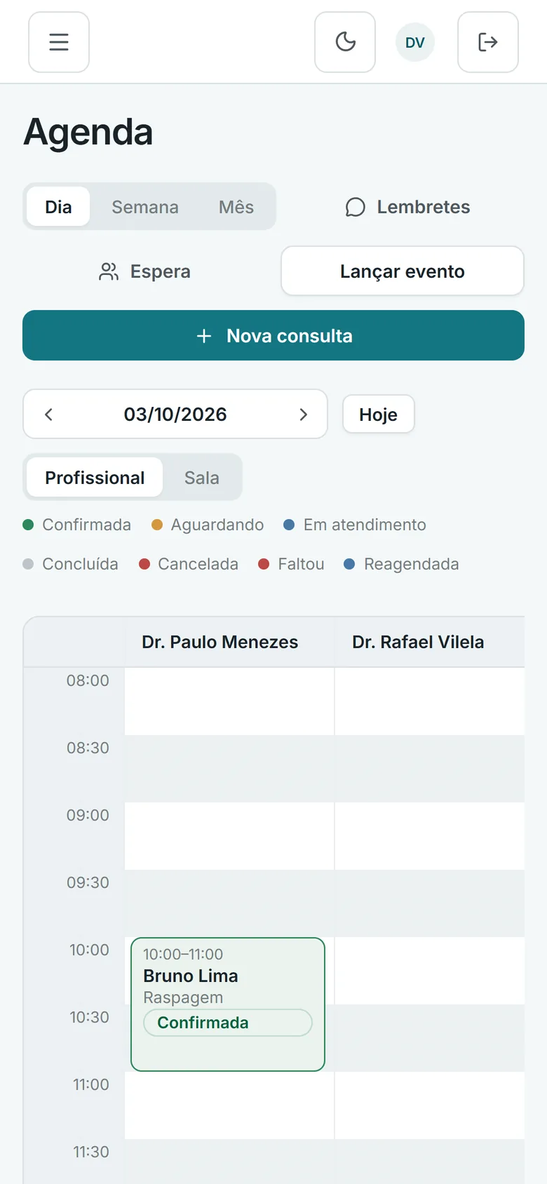 Tela da agenda do Leho Odonto com as consultas do dia organizadas por profissional (no celular)