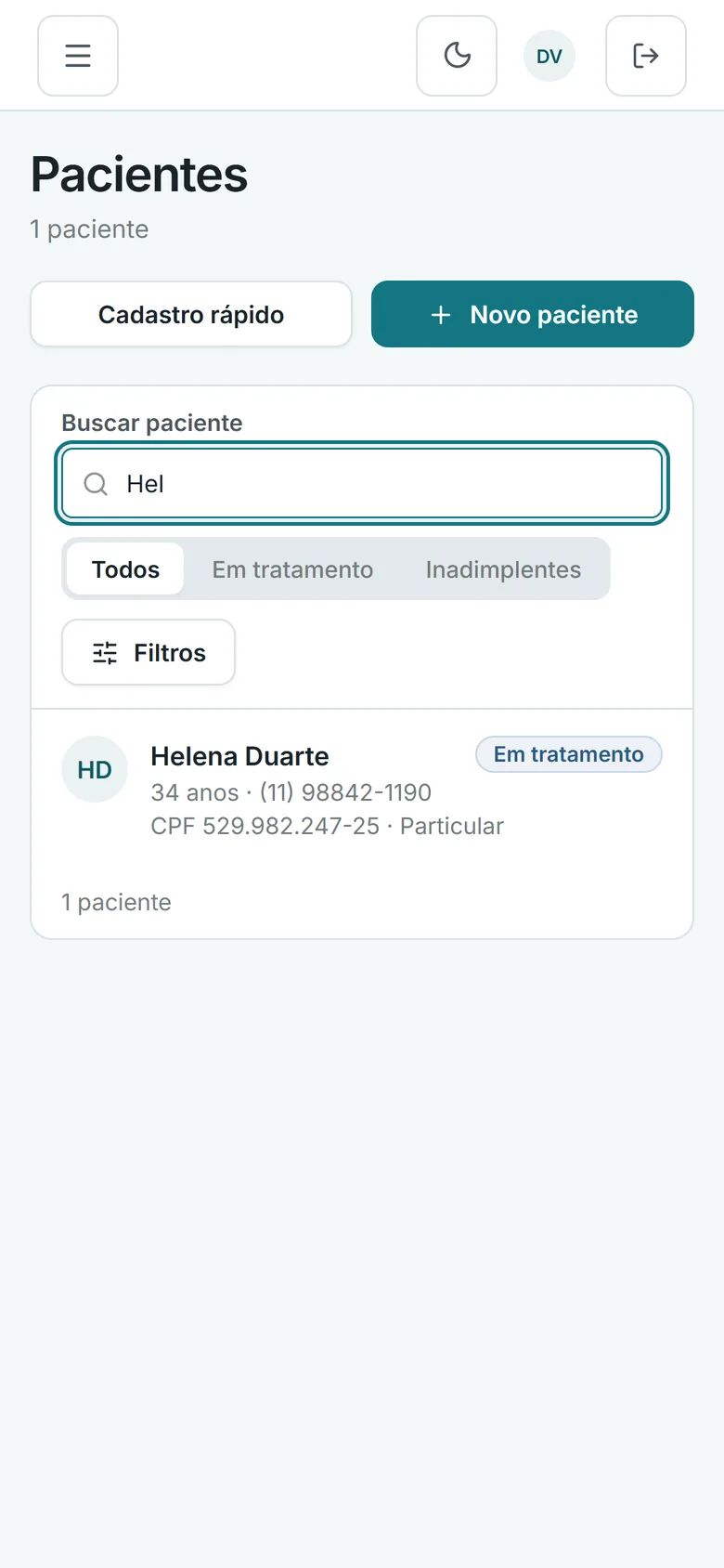 Lista de pacientes do Leho Odonto com busca e filtros (no celular)